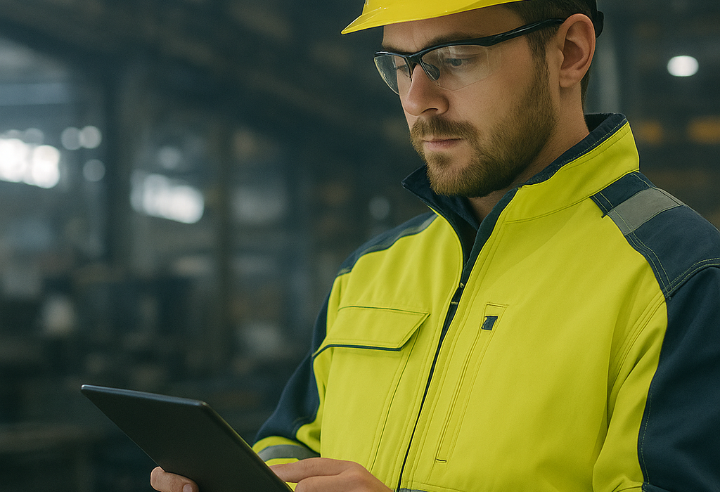 GEO INSPECT-ის ტექნიკური ინსპექტორი პლანშეტით ამოწმებს დანადგარებს ინდუსტრიულ გარემოში.